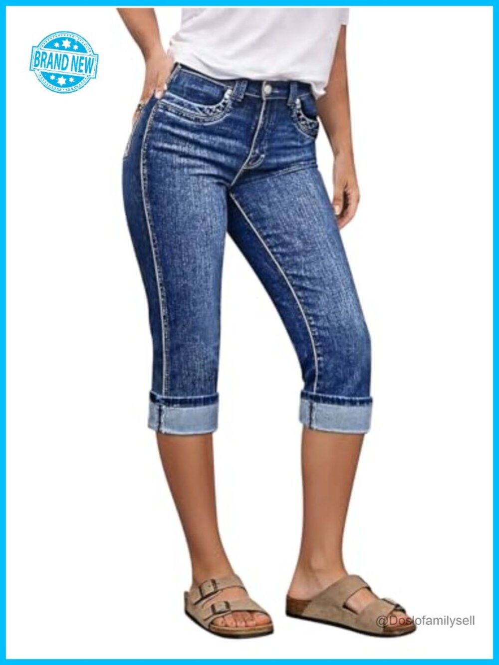 Mid Rise Capri Skinny Jeans with Pockets Roll Hem Crop Denim